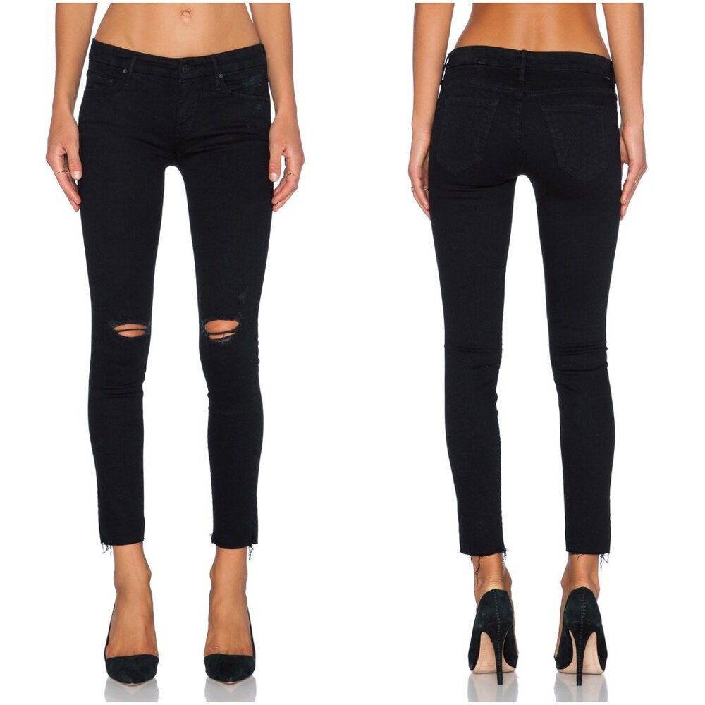 NWT Mother The Looker Ankle Fray Guilty As Sin Distressed Black Skinny Jeans 24